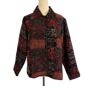 Coldwater Creek Patchwork Jacquard Blazer‎ Jacket Red Black PetiteLarge Tailored
